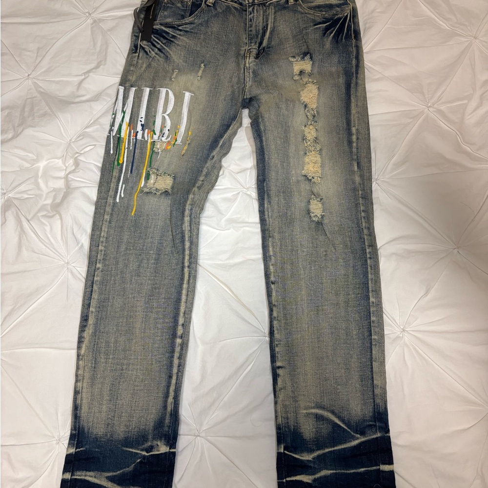 Men's Distressed Jeans with Paint Splatter
